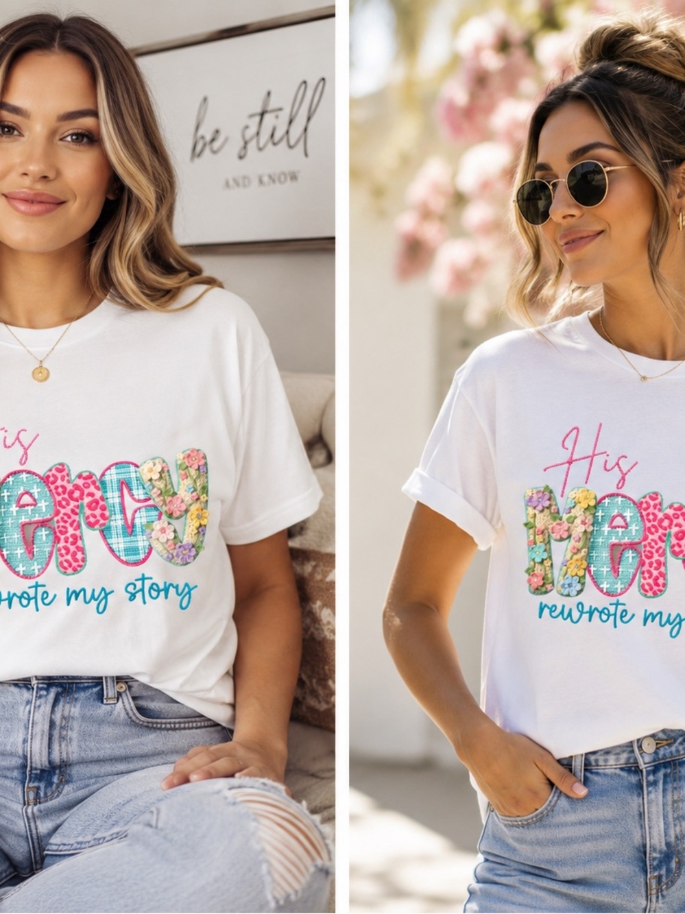 White 'His Mercy Rewrote My Story' Floral Graphic Tee